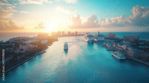 Aerial view of Nassau port and Paradise Island with cruise ships, New Providence, The Bahamas