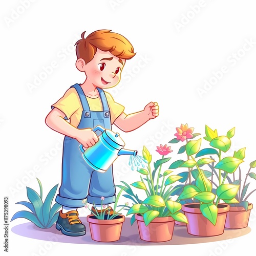 Little Gardener's Delight: A cheerful cartoon boy waters his vibrant flower pots with a blue watering can, showcasing the joy of nurturing nature.   photo