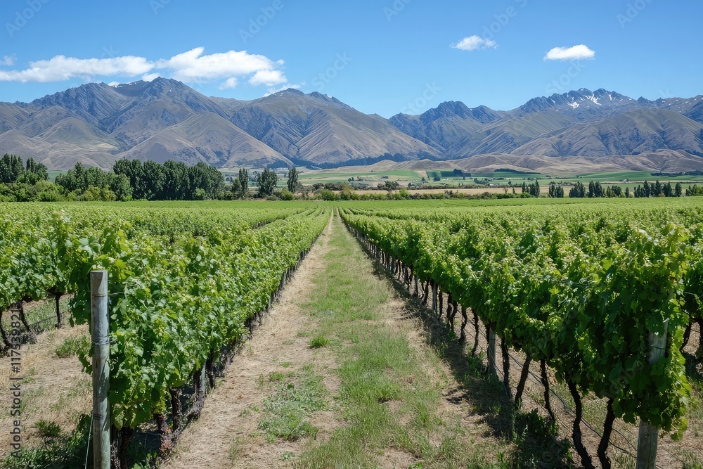 Fototapeta premium Rows of grapevines in a lush rural field, illustrating the charm of agricultural landscapes