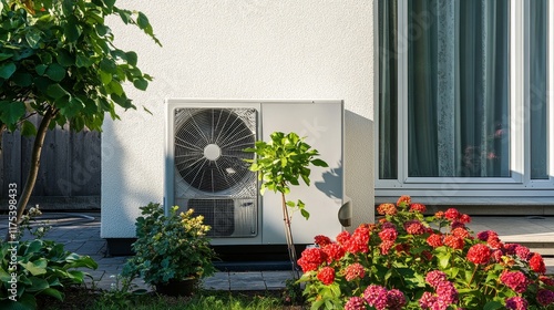 Modern heat pump system installed on the exterior wall of a building surrounded by plants and flowers, showcasing energy efficiency and eco-friendly technology for sustainable living photo