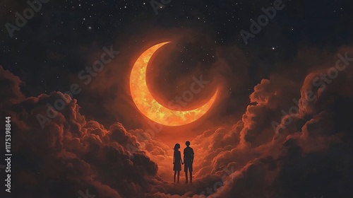 Couple Silhouetted Against a Fiery Crescent Moon in a Dreamlike Cloudscape