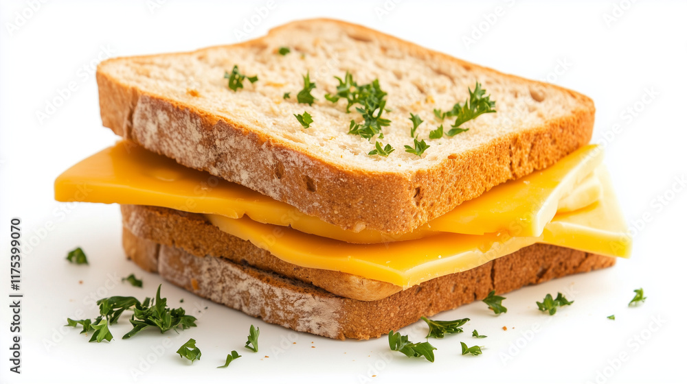Gouda slices on bread, cheese sandwich isolated on white background.Cheese Lovers Day.
Gouda slices on bread, cheese sandwich isolated on white background.Cheese Lovers Day.