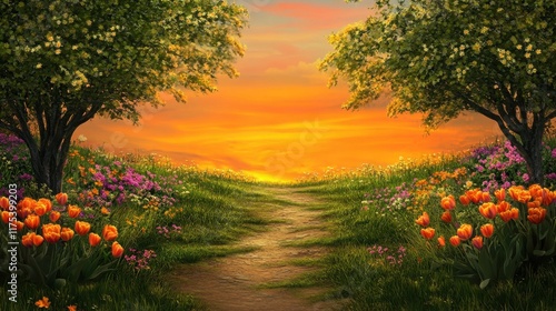 A peaceful pathway adorned with multicolored tulips on each side, set against a glowing orange sunset backdrop