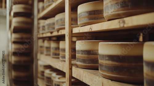 Wheels of aging cheese maturing on wooden shelves in a cheese factory.Copy space. photo