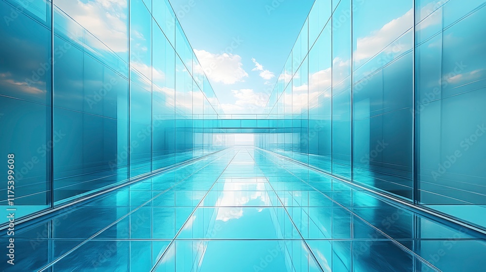 Transparent glass skybridge connecting two modern office towers against blue sky Transparent glass skybridge connecting two modern office towers against blue sky