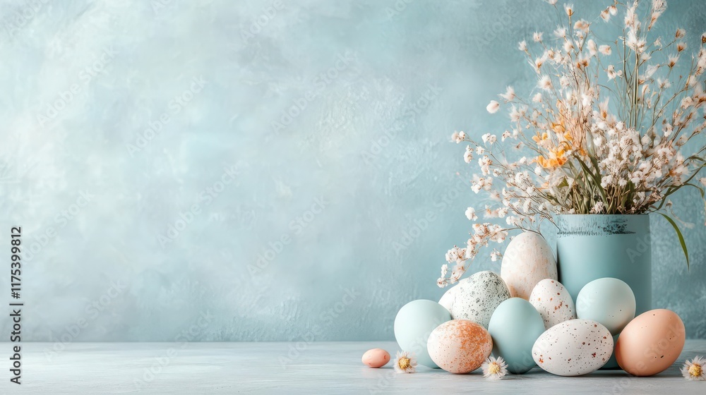 Obraz premium Pastel Easter eggs nestled with dried flowers, a charming spring scene.