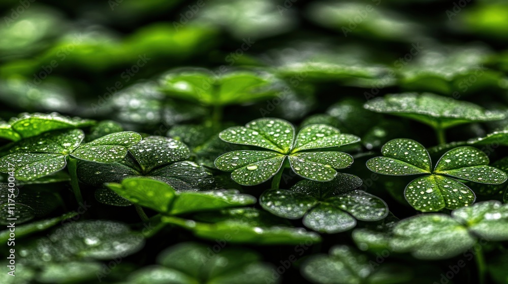 Dew-covered four-leaf clovers in lush green field.