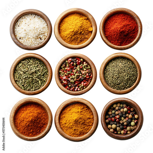 Fototapeta Naklejka Na Ścianę i Meble -  Top view Bowls with various spices on transparent background