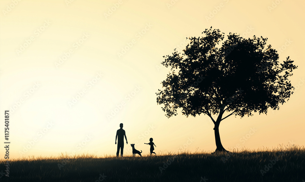 Silhouetted figures of a man and child walking a dog under a tree against a golden sunset background. Silhouetted figures of a man and child walking a dog under a tree against a golden sunset background.