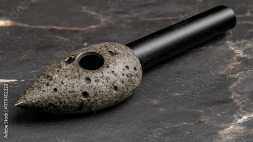 This unique smoking pipe blends modern design with natural stone. Its sleek matte black stem and textured bowl create a tactile experience. Perfect for collectors and enthusiasts. photo