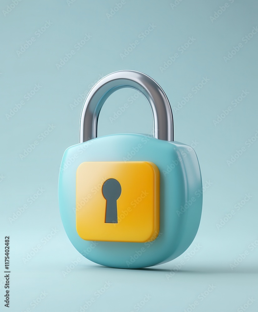 A modern, colorful padlock with a chrome shackle and yellow keyhole symbol against a soft teal background. A modern, colorful padlock with a chrome shackle and yellow keyhole symbol against a soft teal background.