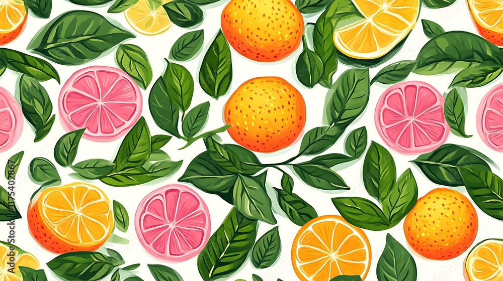 Vibrant Citrus Fruits and Lush Green Leaves Pattern Vibrant Citrus Fruits and Lush Green Leaves Pattern