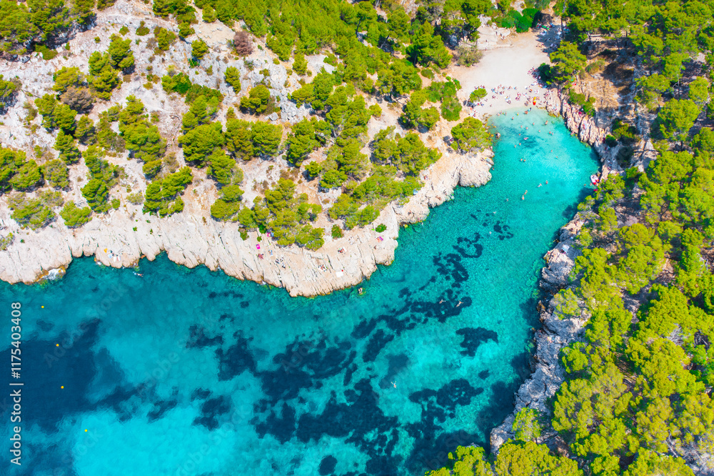 Aerial view of Calanques National Park near Cassis fishing village, Provence, South France, Europe, Mediterranean sea