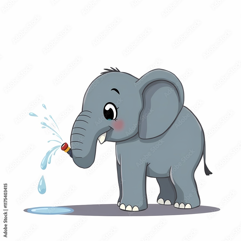 Obraz premium Playful Elephant Sprinkler: A cartoon illustration of a cute elephant spraying water with its trunk, bringing a smile to any child's face. perfect for a fun and whimsical aesthetic. 