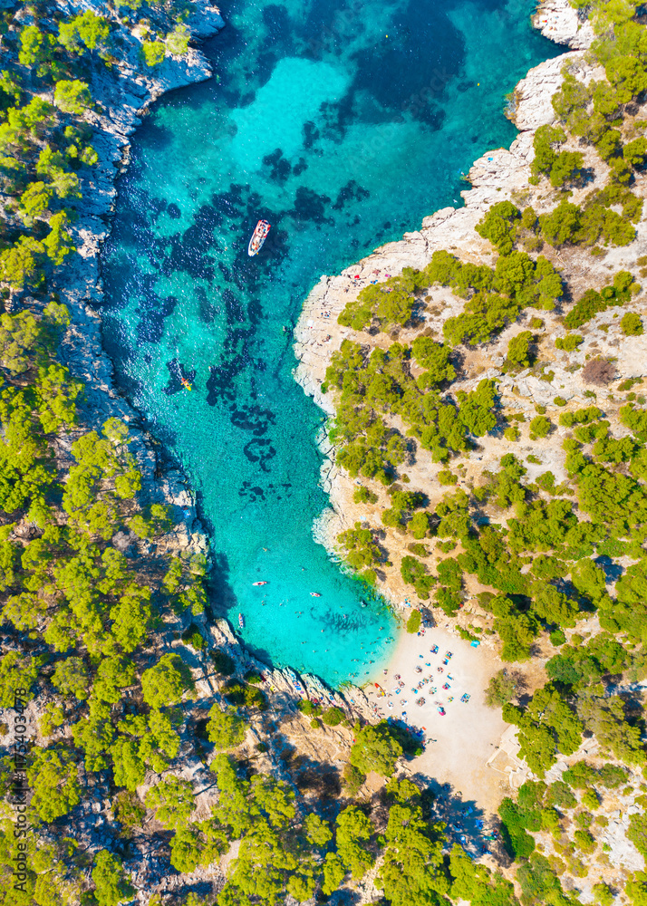 Aerial view of Calanques National Park near Cassis fishing village, Provence, South France, Europe, Mediterranean sea