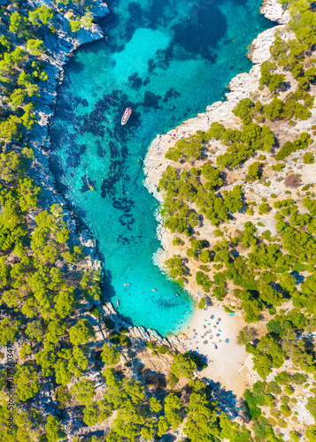 Aerial view of Calanques National Park near Cassis fishing village, Provence, South France, Europe, Mediterranean sea