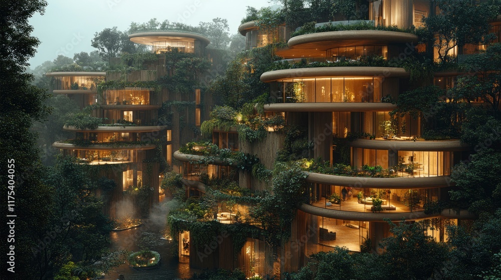 Fototapeta premium Mixed-use development with cascading terraces and urban farming spaces