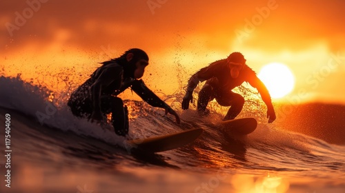 Two energetic chimpanzees demonstrate dynamic surfing skills, cutting through waves under a golden sky, revealing teamwork, agility, and a spirit of friendly rivalry. photo