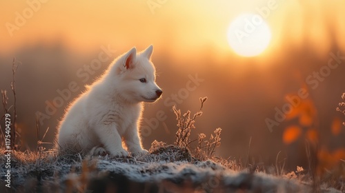 A young, fluffy puppy sits curiously in the snow, bathed in the gentle sunlight of a cold winter morning, embodying innocence and the joy of discovery. photo