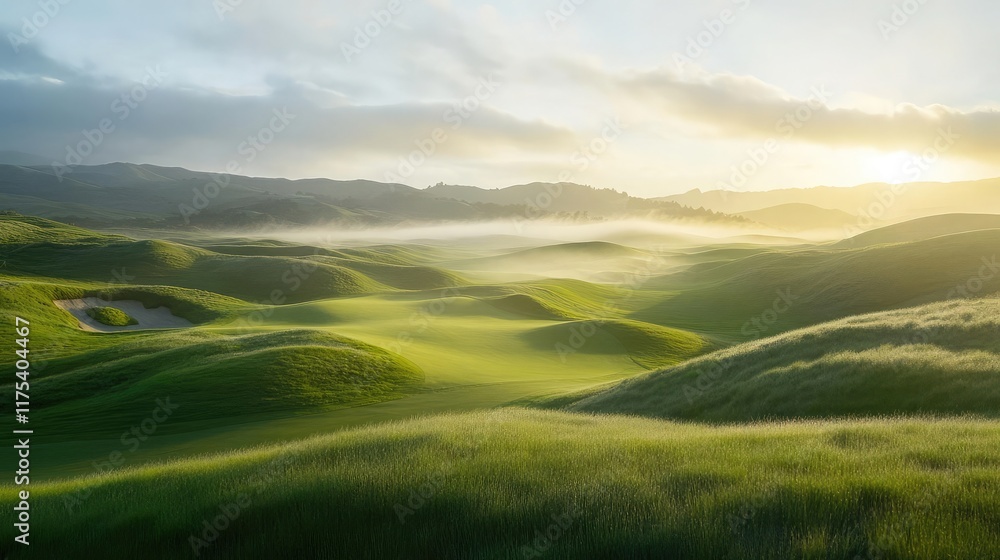 Fototapeta premium Scenic golf course at sunrise with dew-covered greens and rolling hills