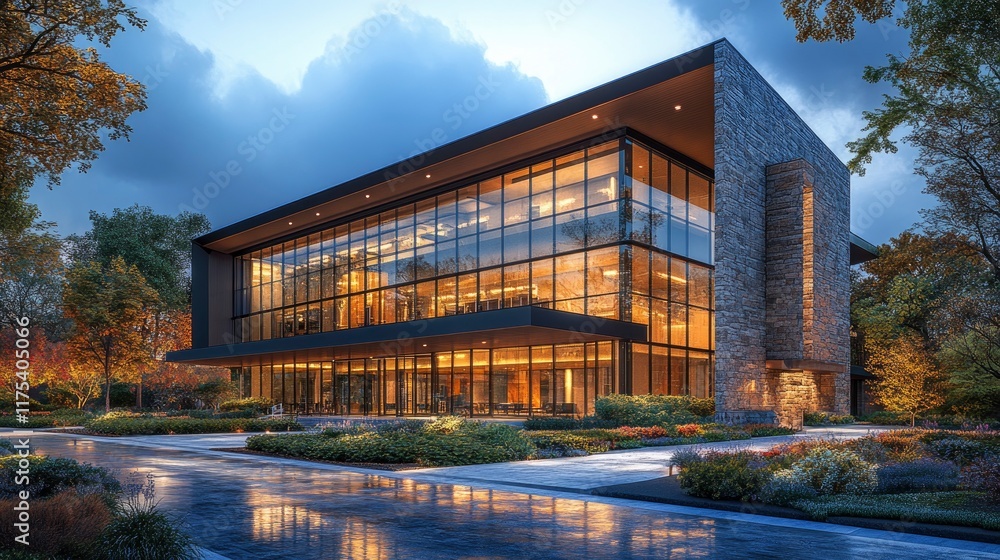 Modern courthouse with dignified stone facade and glass atrium Modern courthouse with dignified stone facade and glass atrium