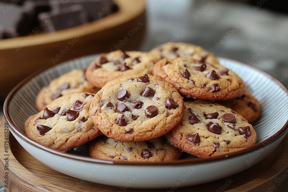 delicious cookies with chunks of chocolate chips beautifully arranged on a plate conveying warmth and comfort ideal for a cozy dessert setting or baking theme delicious cookies with chunks of chocolate chips beautifully arranged on a plate conveying warmth and comfort ideal for a cozy dessert setting or baking theme