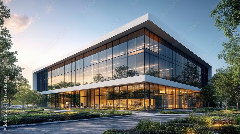 Modern laboratory building with clean lines and specialized ventilation features Modern laboratory building with clean lines and specialized ventilation features