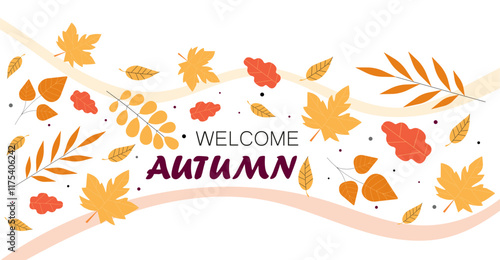 Welcome autumn poster. Yellow and red foliage and leaves. Fall season. Greeting postcard template. September, october and november. Flat vector illustration isolated on white background