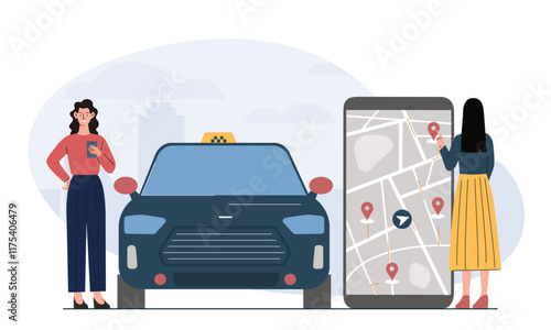 Woman call taxi. Young girl near smartphone with route and car. Travelers order vehicle. Urban infrastructure. Passengers with car sharing. Trip and travel. Flat vector illustration