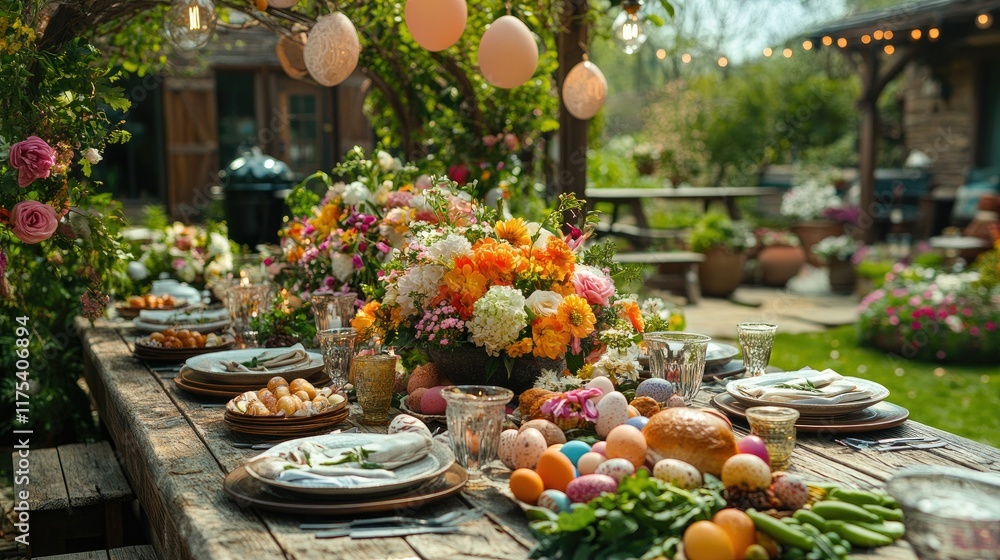 Enjoying Easter dinner outdoors, a family gathers around a table adorned with fresh spring vegetables, colorful eggs, and flowers. Enjoying Easter dinner outdoors, a family gathers around a table adorned with fresh spring vegetables, colorful eggs, and flowers.