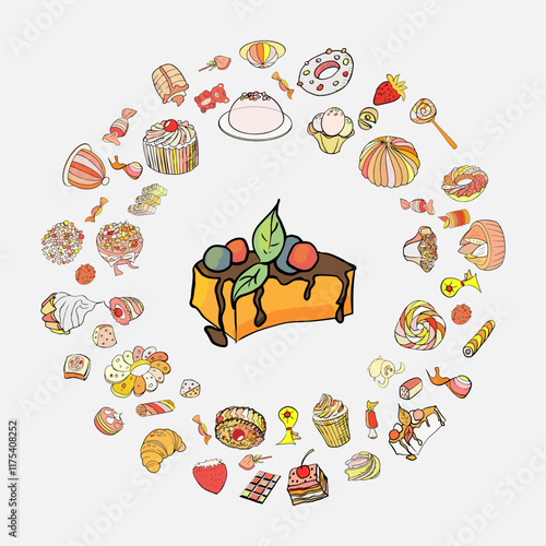 Colorful illustration on the theme of desserts.