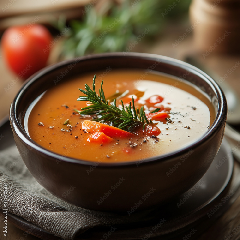 Delicious tomato soup garnished with herbs in a wooden bowl Delicious tomato soup garnished with herbs in a wooden bowl