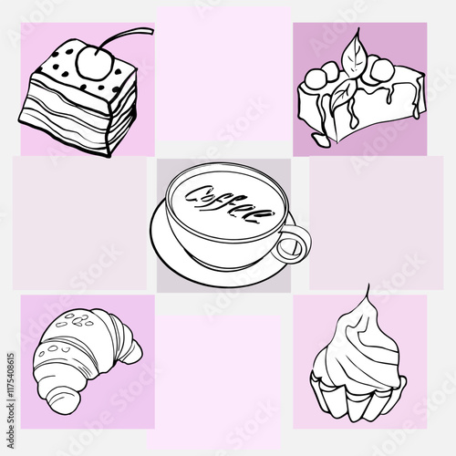 A coffee set of a cup of coffee and various desserts