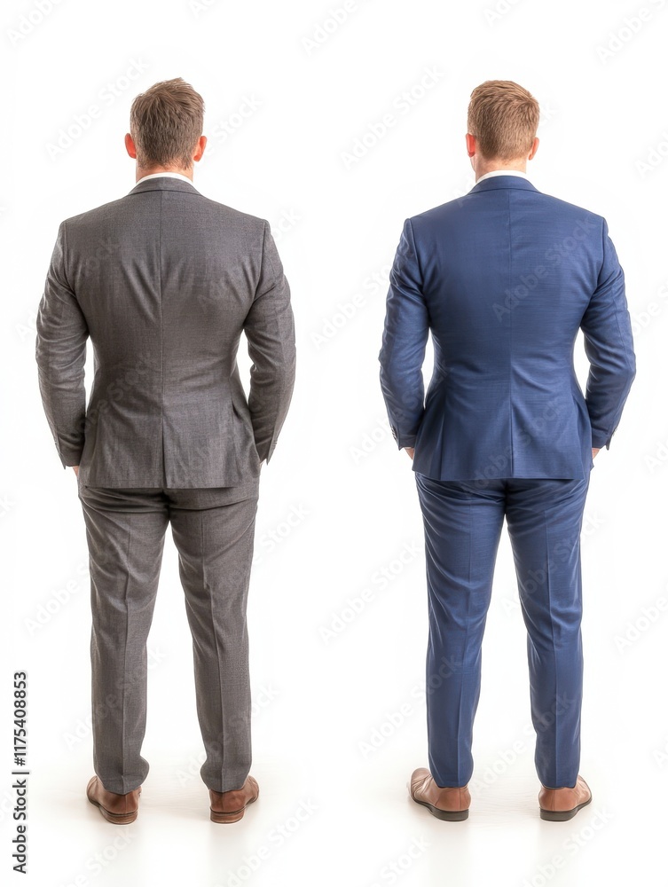 Two men in tailored suits, one gray and one blue, stand back-to-back against a white background, showcasing modern professional attire, Ideal for business, fashion, and style-related content, Two men in tailored suits, one gray and one blue, stand back-to-back against a white background, showcasing modern professional attire, Ideal for business, fashion, and style-related content,