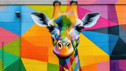 A colorful mural on a brick wall depicts a vibrant, geometric giraffe. photo