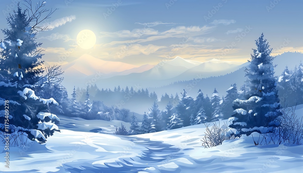 Fototapeta premium Winter landscape with snowy fir trees and wooden house.