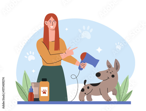 Woman grooming dog. Young girl dries puppys hair. Taking care of pets. Beauty treatments for domsetic animals. Love and care. Hairstylist or groomer. Flat vector illustration