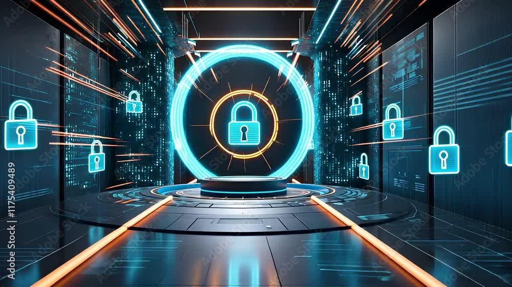 Futuristic Digital Security Vault with Glowing Lock Symbol and High-Tech Blue and Orange Interface
Futuristic Digital Security Vault with Glowing Lock Symbol and High-Tech Blue and Orange Interface