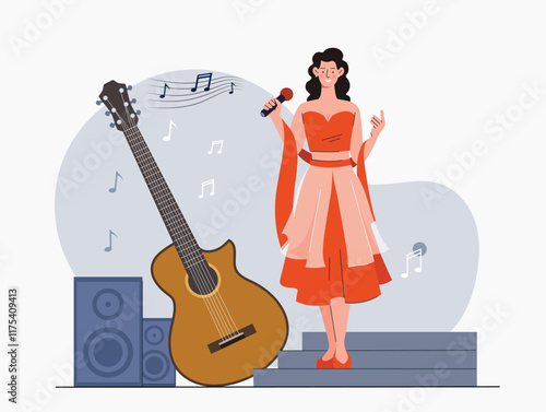 Singer with guitar. Woman with microphone performs on stage. Musical concert and performance. Musician at scene with mic. Entertainment and fun. Flat vector illustration