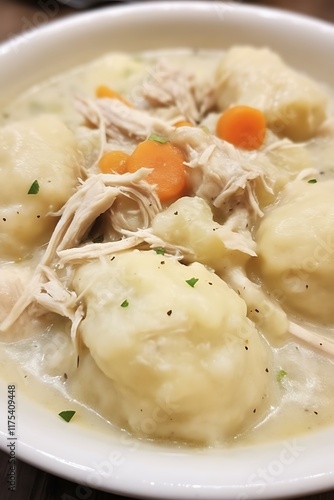 there is a bowl of chicken and dumplings soup with carrots
