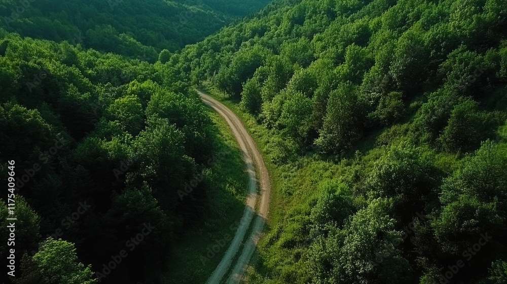 Fototapeta premium Aerial view of forest path winding through green woods.
