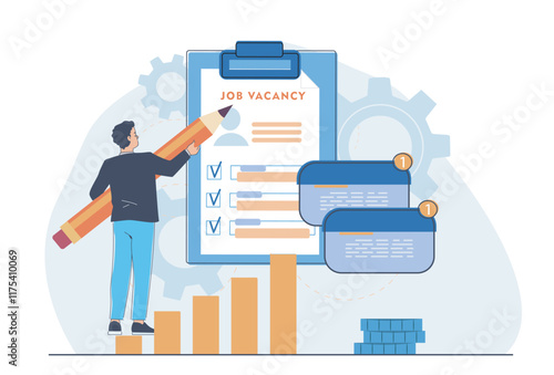 Person seeking job. Man with pencil fills out resume. Candidate for vacancy. Headhunting and recruitment. Template and layout. Jobless employee or worker. Linear vector illustration