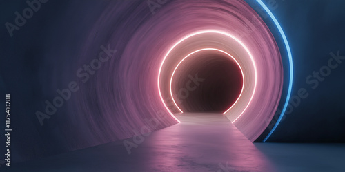 The image depicts a symmetrical tunnel illuminated by vibrant neon lights, creating a futuristic ambiance and a sense of infinite depth and mystery.