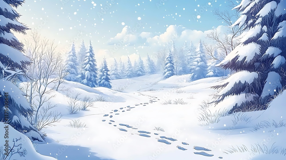 Naklejka premium snowy scene with footprints in the snow and trees