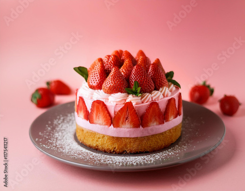 delicious strawberry cake on wood background