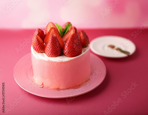 delicious strawberry cake on wood background