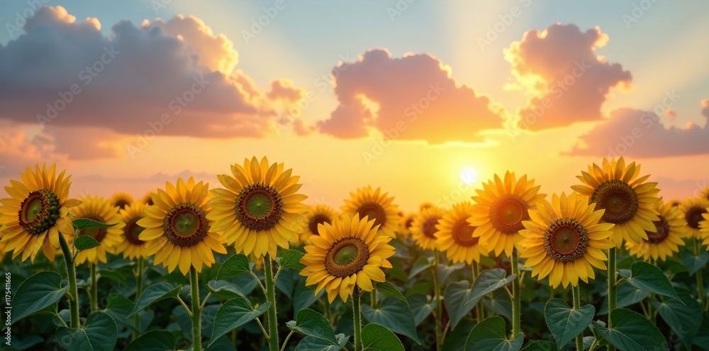 Fototapeta premium Row of tall sunflowers stretching towards the sky, dawn, optimism
