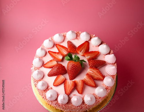 delicious strawberry cake on wood background