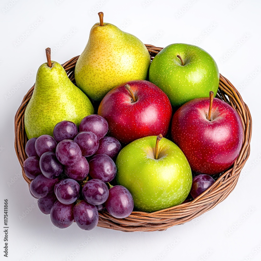 A vibrant assortment of green and red apples, pears, and grapes arranged in a woven basket, This image can be used for health-related content, cooking A vibrant assortment of green and red apples, pears, and grapes arranged in a woven basket, This image can be used for health-related content, cooking