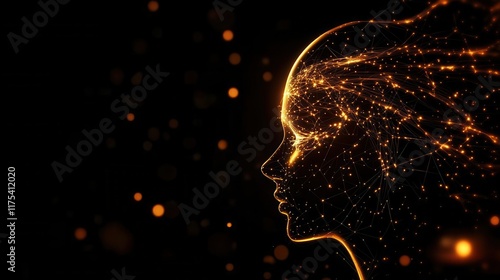A glowing digital head silhouette, filled with interconnected nodes and lines, symbolizing AI and neural networks, futuristic